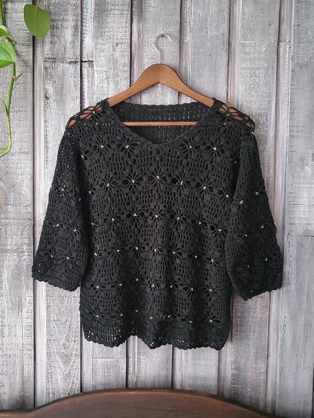 Vintage 90s Black Crochet Knit Beaded Sweater Top Drop Shoulder 3/4 Sleeve Large